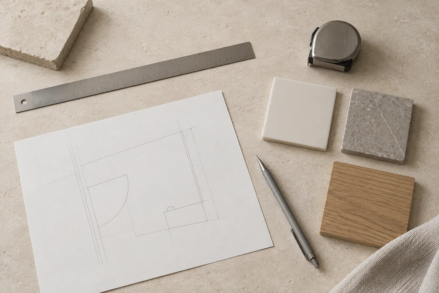 Materialprover, måttband och en schematisk badrumsskiss på ett bord.